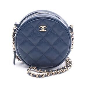 Chanel Matelasse Round Shoulder Bag Navy Blue Caviar Grained Calfskin